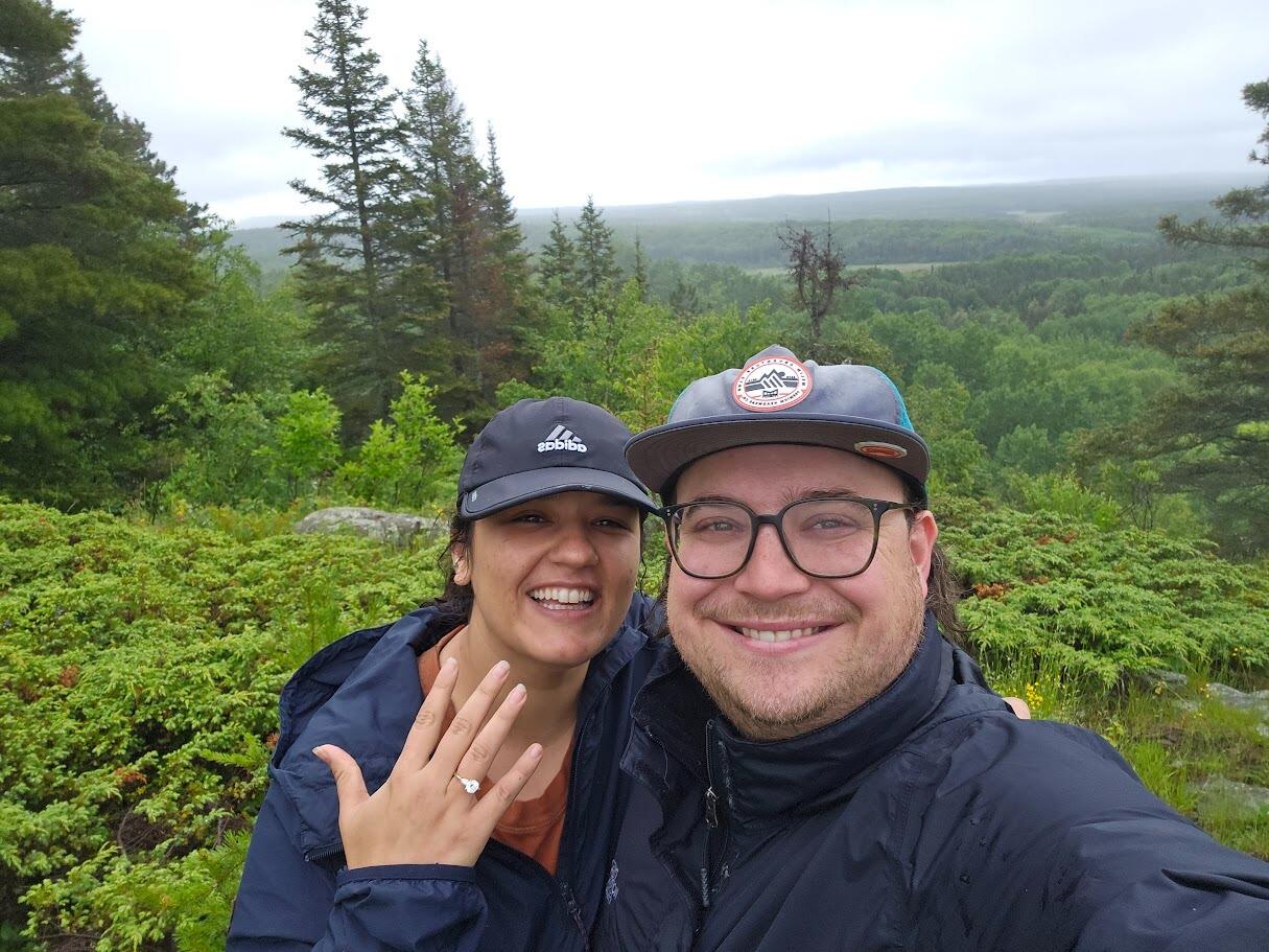 Frank proposed to Amanda on the Superior Hiking Trail in Grand Marias. She said yes.