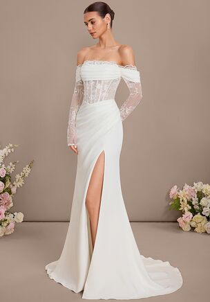 Fall in love with the JJ's House Kerria A-line Off the Shoulder Lace Wedding Dress! A timeless and elegant design crafted to make your dream wedding a reality. Shine with confidence as you walk down the aisle.