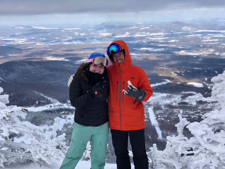 CJ and Caroline first met on the Zip-line in Stowe VT. Cj would work on the weekends at the mountain during school, while Caroline worked on the Zip-line during the summers. 

On a fall day Cj brought one of his friends named Caiden up to Stowe to visit, to which they decided to go on the zip-line. Little did they know Cj would find a Love connection! It was the last platform they reach where Caroline and her co worker were on. There's about a 20 min wait period to get hooked up and sent to the bottom. During that time, we got know each other and Cj mentioned he worked on the weekends but didn't know the area well. Caroline then mentioned that she could show him around the next time he was up, so she gave him her number and sent him down the zip! 

The next time we met up, was for a hike up the Pinnacle and discovered our love of skiing. After that we met up at Jay Peak in the winter to go SnowGo biking, to where the picture above is from. Safe to say the rest was history! 