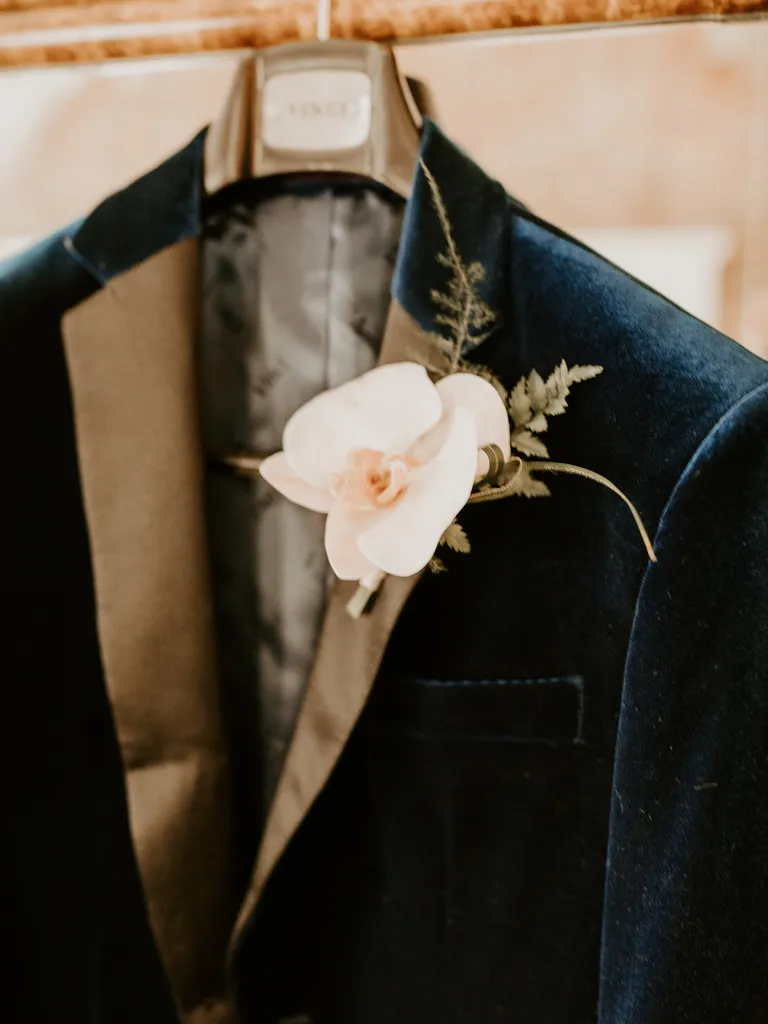 Blue velvet suit jacket, taylor swift themed wedding