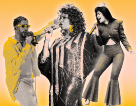 Collage of three latin music artists on yellow background