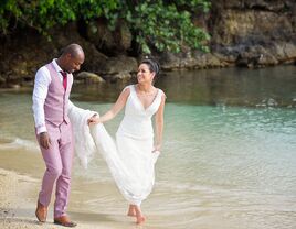 Couple on beach for Jamaica destination wedding.