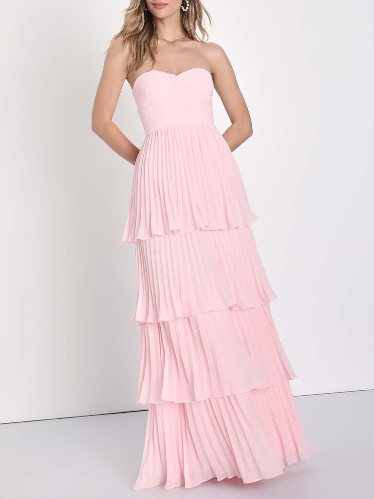 Lulus tiered strapless pink wedding guest dress