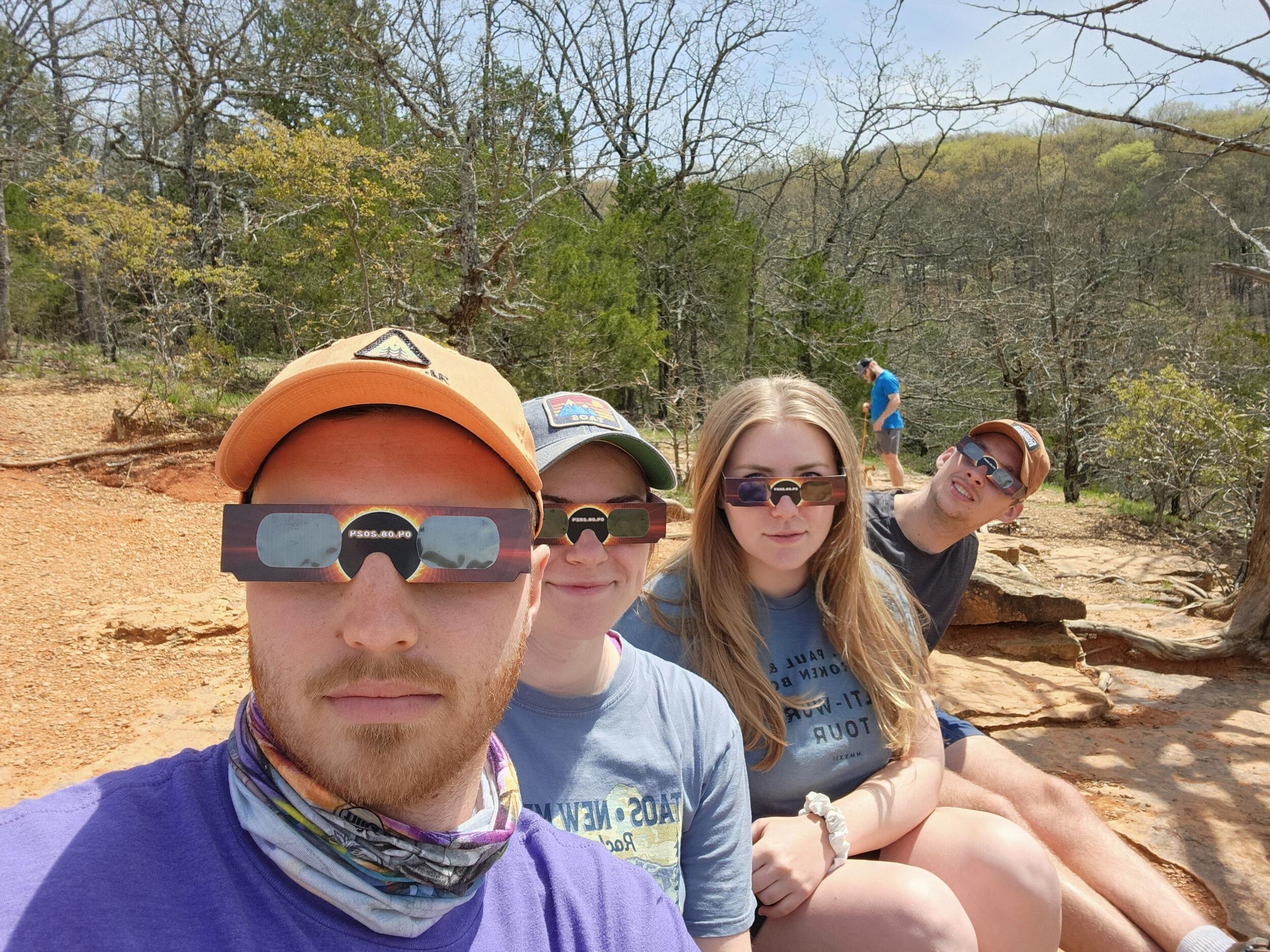 In April 2024, the couple celebrated their 2-year anniversary and then promptly hosted Taylor and Ramsey for the Solar Eclipse! The four hooligans booked a little cabin in Devils Den State Park in AR and watched the solar eclipse from a large rock outcropping. 