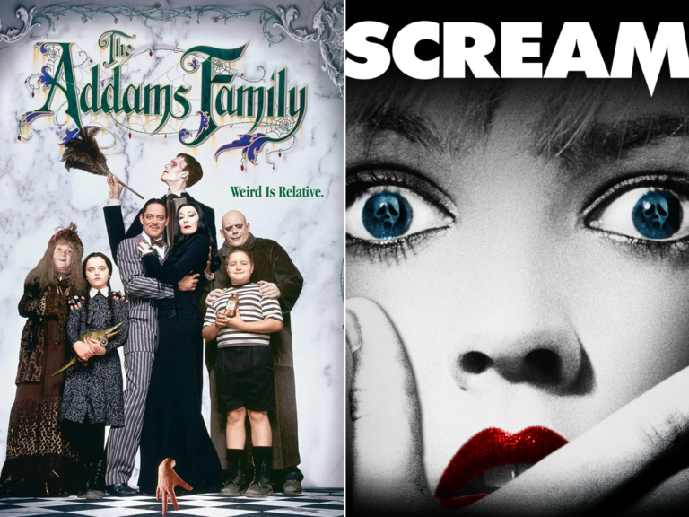 Movie posters for The Addams Family and Scream halloween movies