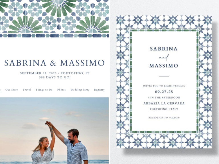 mediterranean inspired wedding website and matching invitations with blue and green tile border