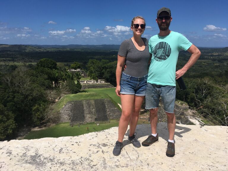 Here we are having conqured the Mayan ruins at Xunantunich on our trip to Belize. 