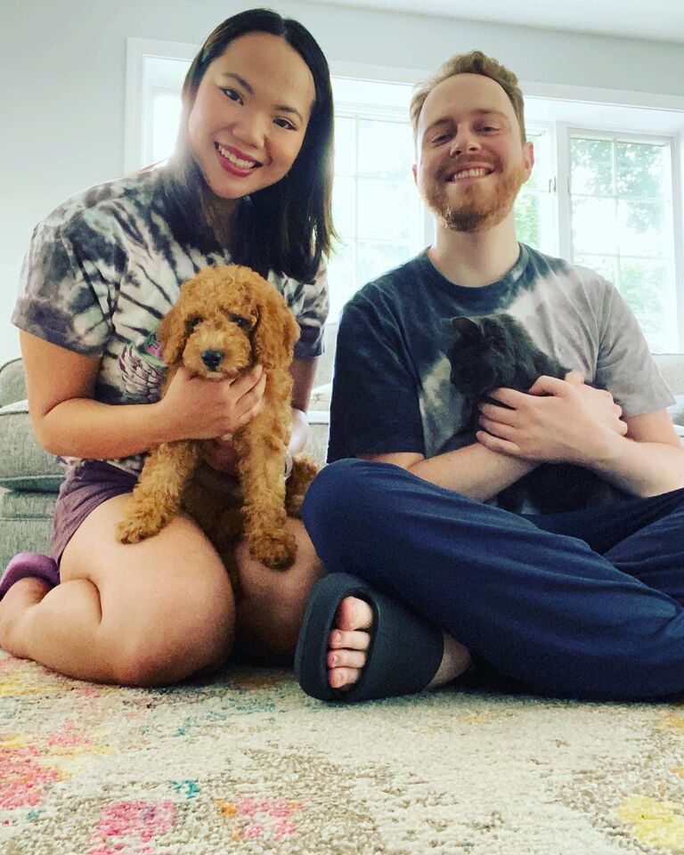 A few months into their home ownership journey, they decided to fully utilize their fenced in yard and became dog parents! Meet Eevee! 