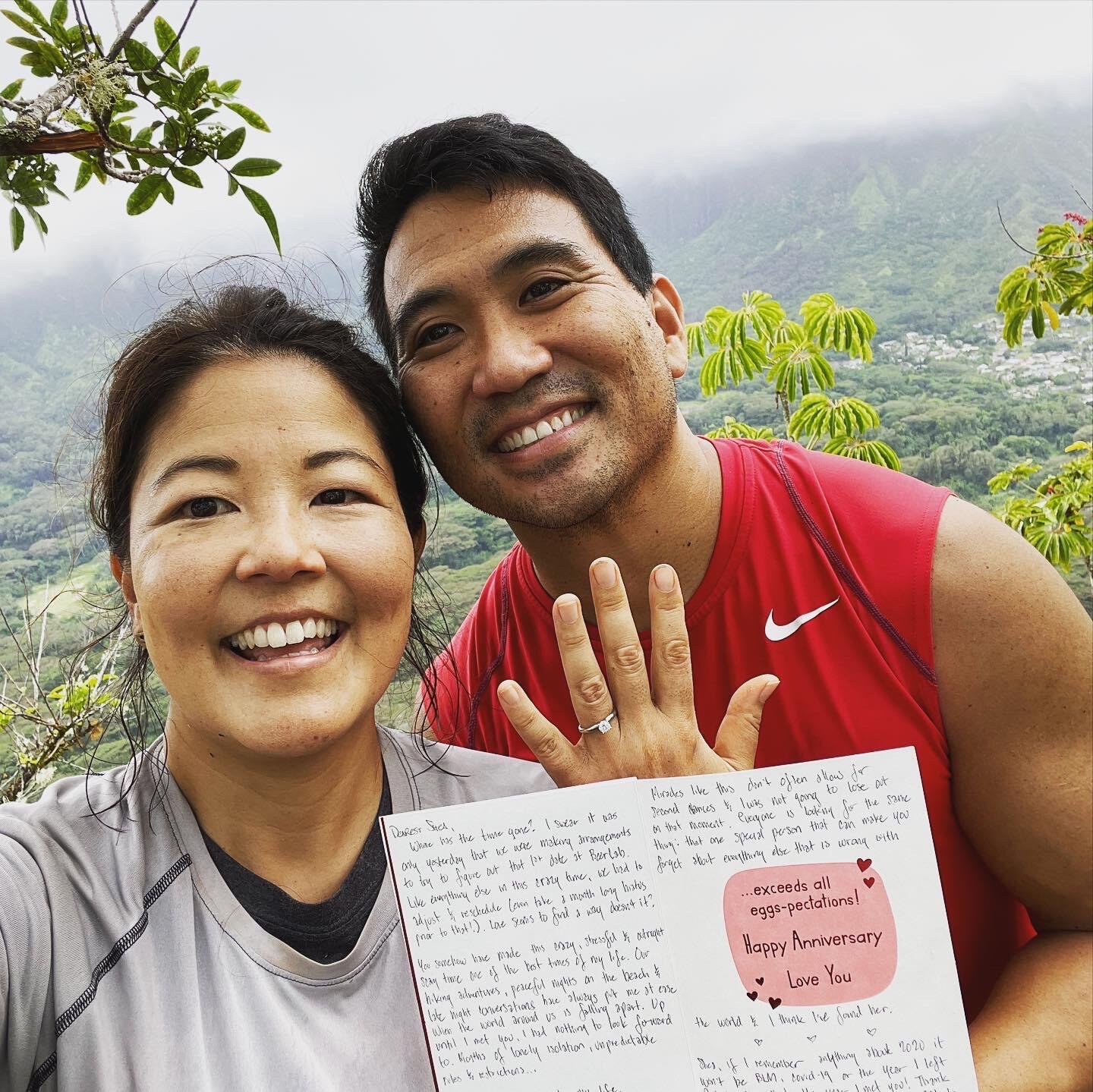 Engaged on the third peak of Olomana Trail