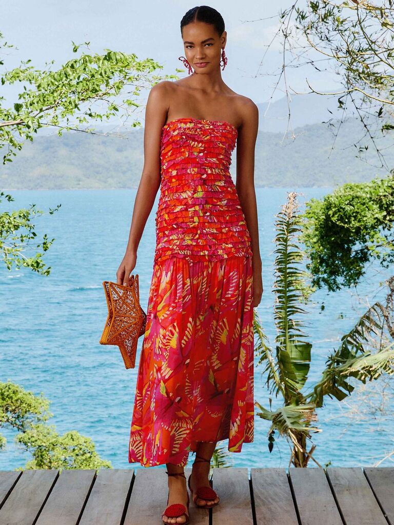 Strapless orange floral wedding guest dress from FARM Rio