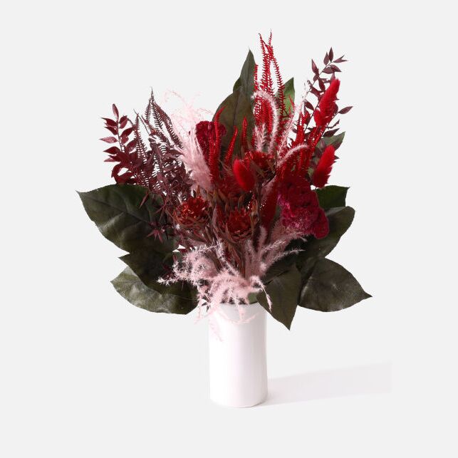 Celosia bouquet in white vase for 29th anniversary gift