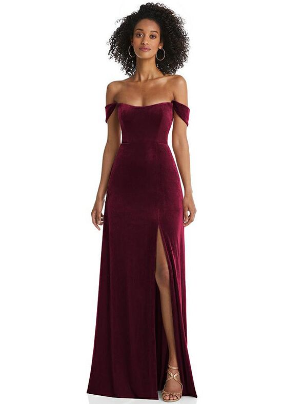 Dessy Group Off-the-Shoulder Flounce Sleeve Velvet Maxi Dress - 1551  Bridesmaid Dress | The Knot