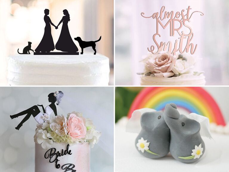 Collage of four bridal shower cake toppers