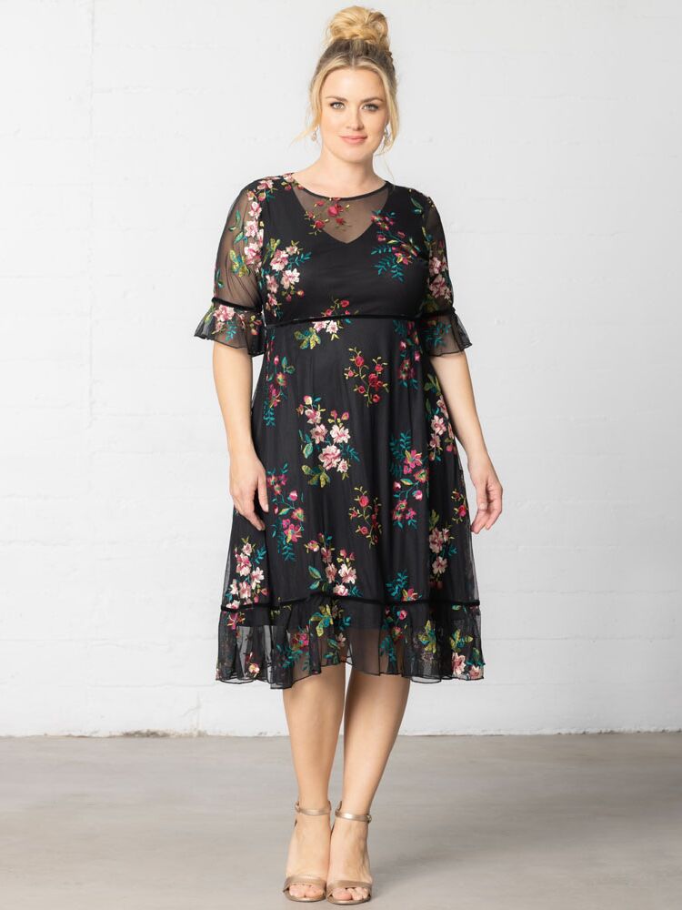 Tie Shoulder Floral Embroidered Mesh Overlay Dress - Retro, Indie and  Unique Fashion