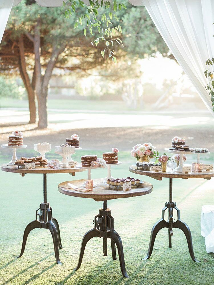 trio of dessert tables with mini wedding cakes