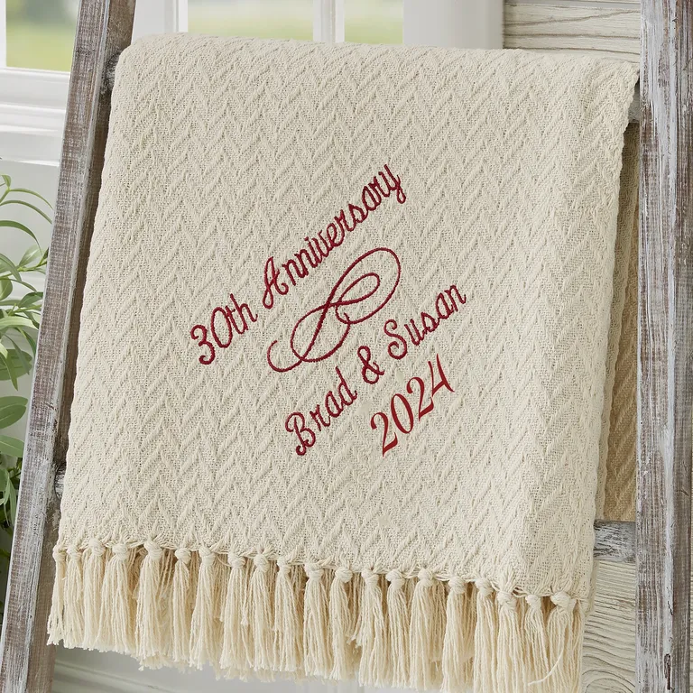 Custom embroidered cream blanket for anniversary gift