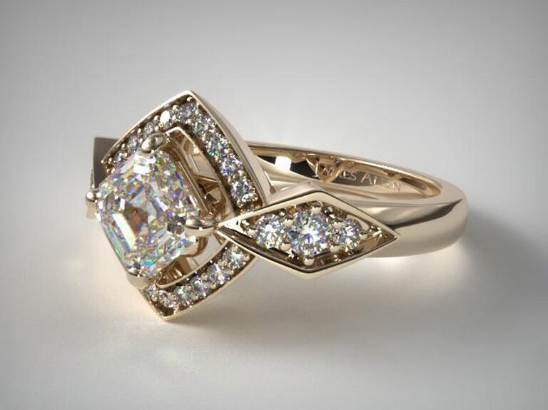 james allen asscher cut engagement ring with diamond center stone round diamond halo marquise shaped diamond encrusted sides and plain yellow gold band