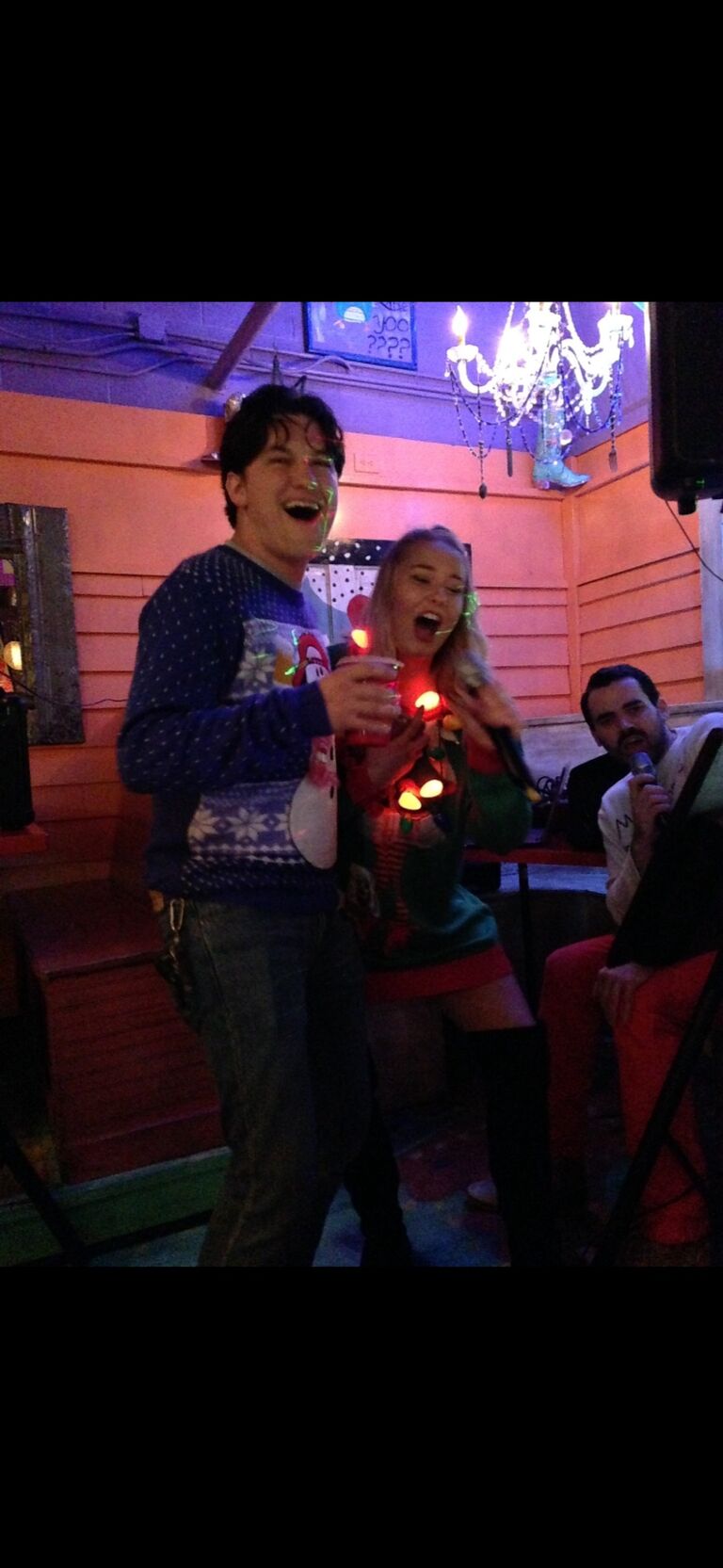 Us as friends! Before we were dating...Jack's City Grill Christmas Party, Karaoke All Stars. Was it the karaoke that sparked our little love?