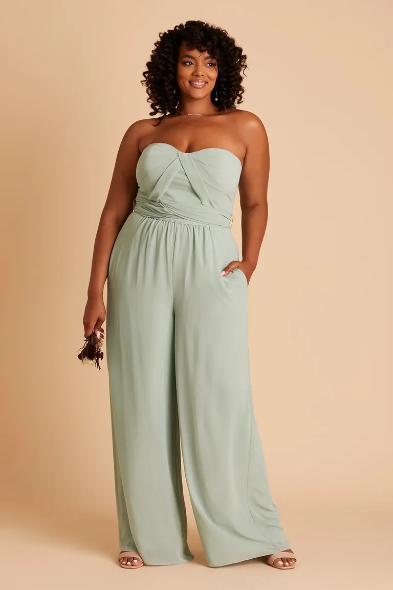 flowy strapless jumpsuit with ruched bodice