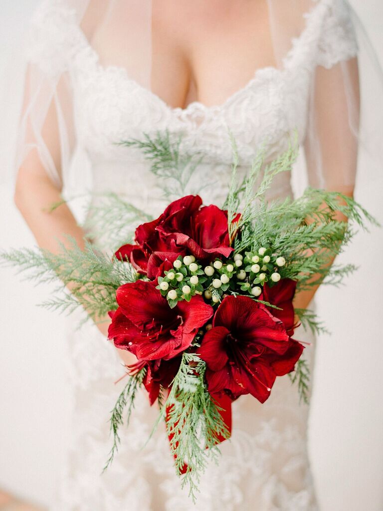 bride holds red and green winter wedding bouquet with amaryllis, white berries and evergreens