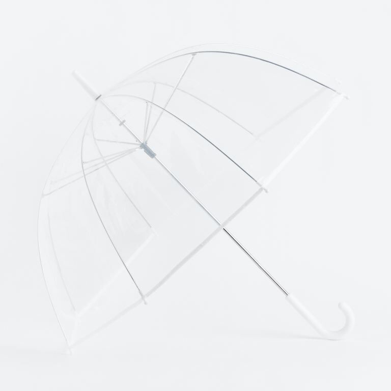 Classic clear umbrella with a curved handle. 