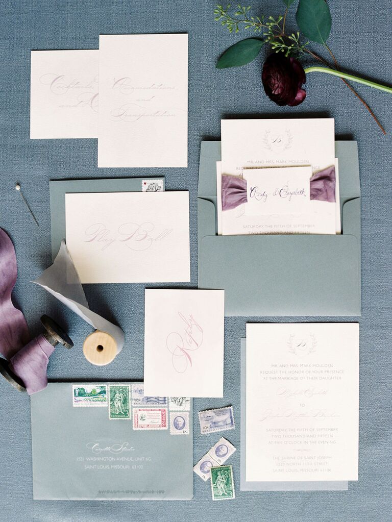Dusty blue and lilac fall wedding colored invitations