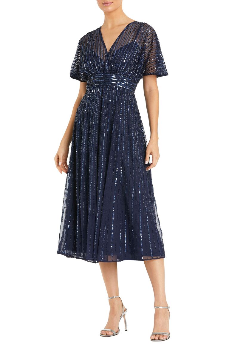 Mac Duggal empire waist embellished midi plus size wedding guest dress