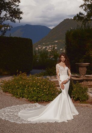 Long Sleeve Trumpet Wedding Dress with Plunging Illusion Neckline
