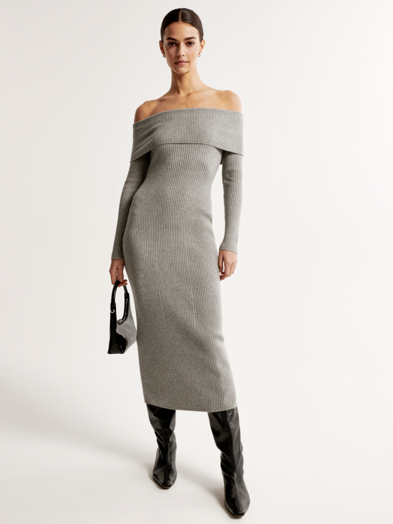 Grey Off-The-Shoulder Midi Sweater Holiday Party Dress