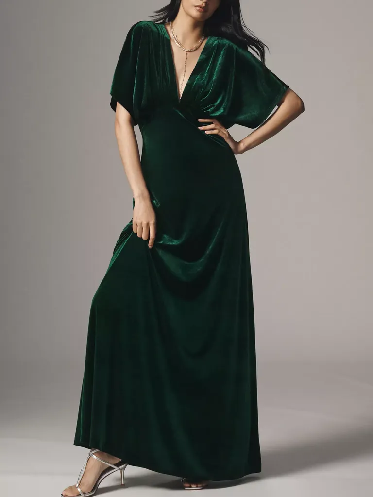 Emerald Green Deep V-Neck Maxi wedding guest dress winter from Anthropologie