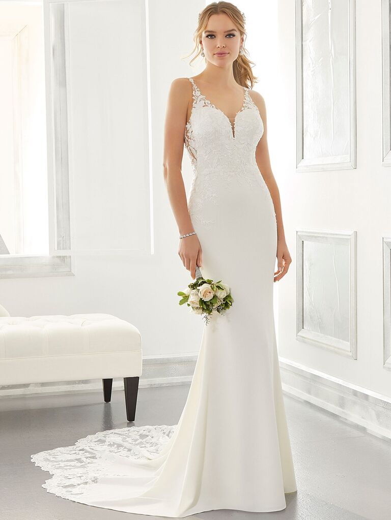 morilee white sheath wedding dress with sweetheart neckline lace spaghetti straps lace chest and form fitting flowy plain skirt