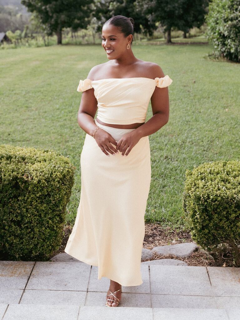 Butter yellow off the shoulder two piece dress set 