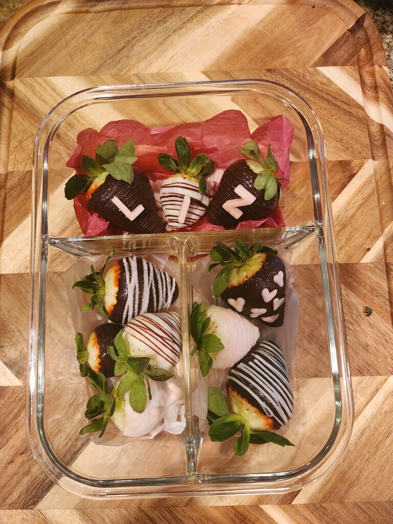The chocolate-covered strawberries made for Liz.