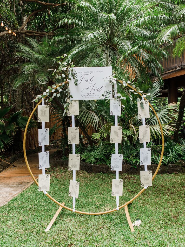 Round seating chart with tropical greenery in the background