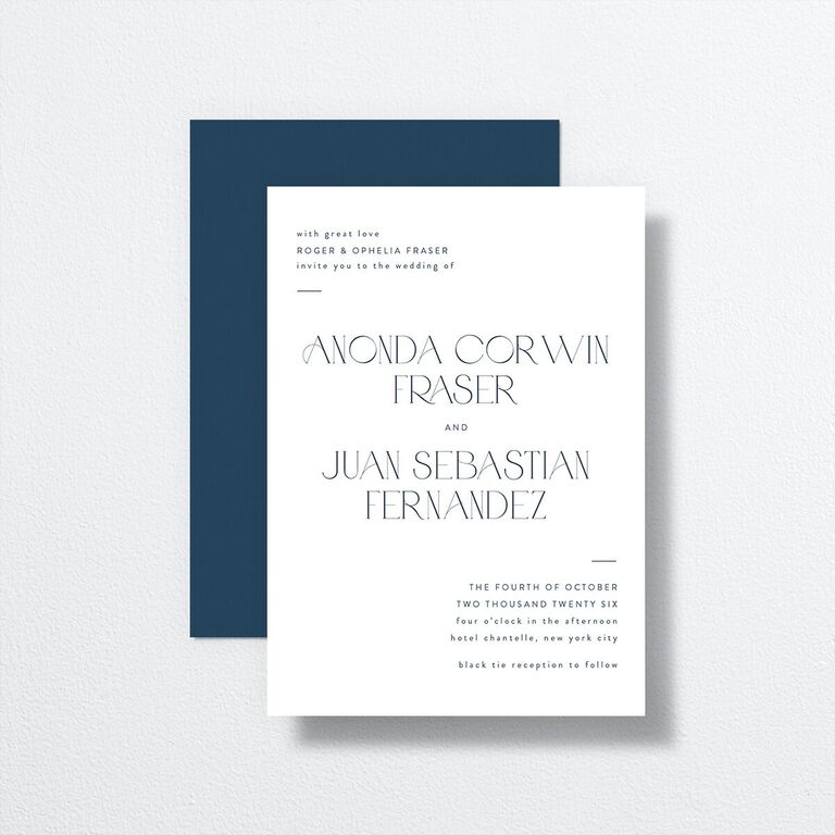 Simple navy wedding invitation from The Knot with formal wording