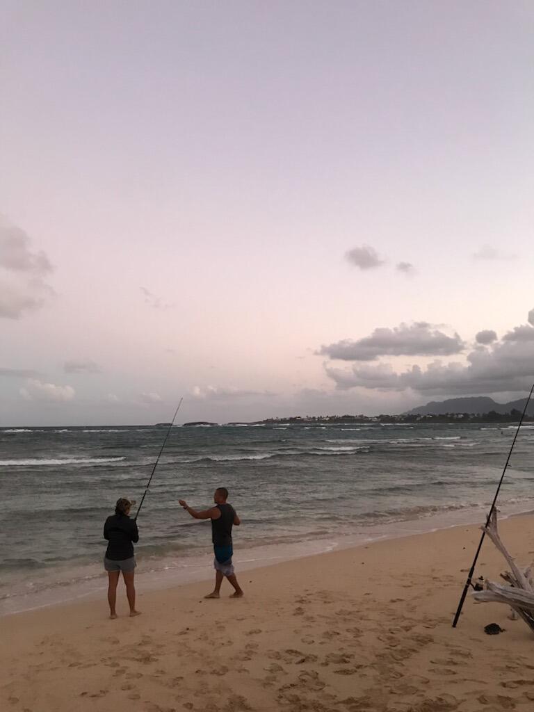 Fishing at Malaekahana, our favorite campsite. 