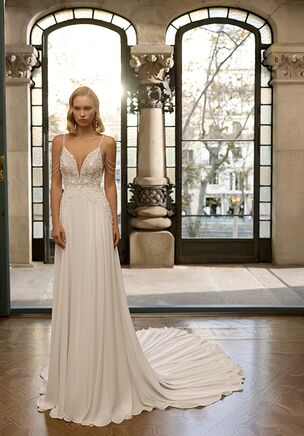 Straight silhouette wedding dress with deep neckline, chain-adorned straps, beaded lace bodice, georgette skirt with beadwork and jeweled back