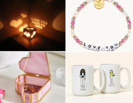 Collage of gift ideas for girlfriend: custom night light, beaded bracelet, personalized mug, heart-shaped jewelry box