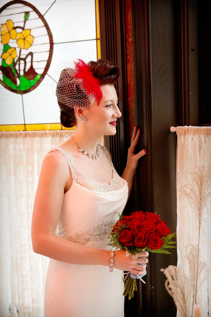 Vintage 1950s Bride With Pin Up Victory Roll Hair And Red Feather