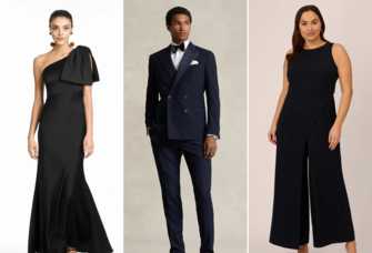 Collage of three black tie wedding guest outfits for men and women.