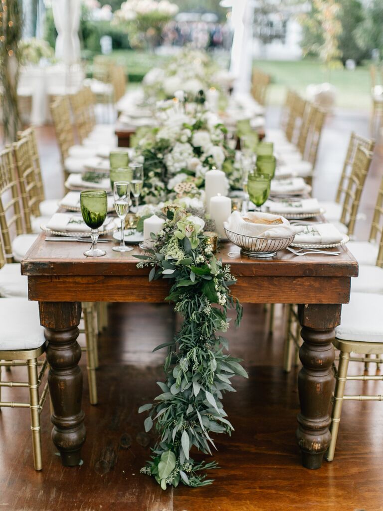 13 Beautiful Hanging Greenery Installation Ideas for Your Wedding  Greenery  wedding decor, Bridal party tables, Wedding table designs