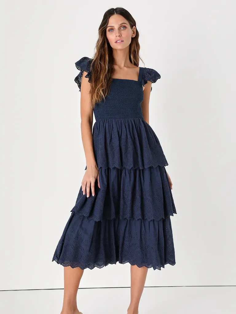 navy smocked tiered dress with flutter sleeves