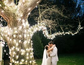 Romantic wedding string lights wrapped around tree