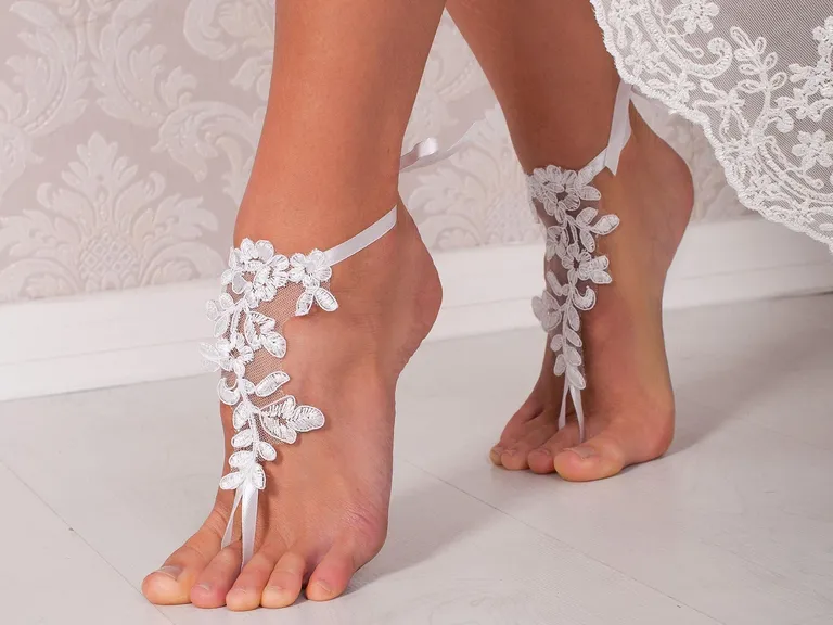 Barefoot lace bridal sandals for beach wedding shoes from Etsy