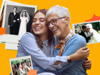 Collage of woman hugging her grandmother surrounded by pictures of different generations celebrating their weddings