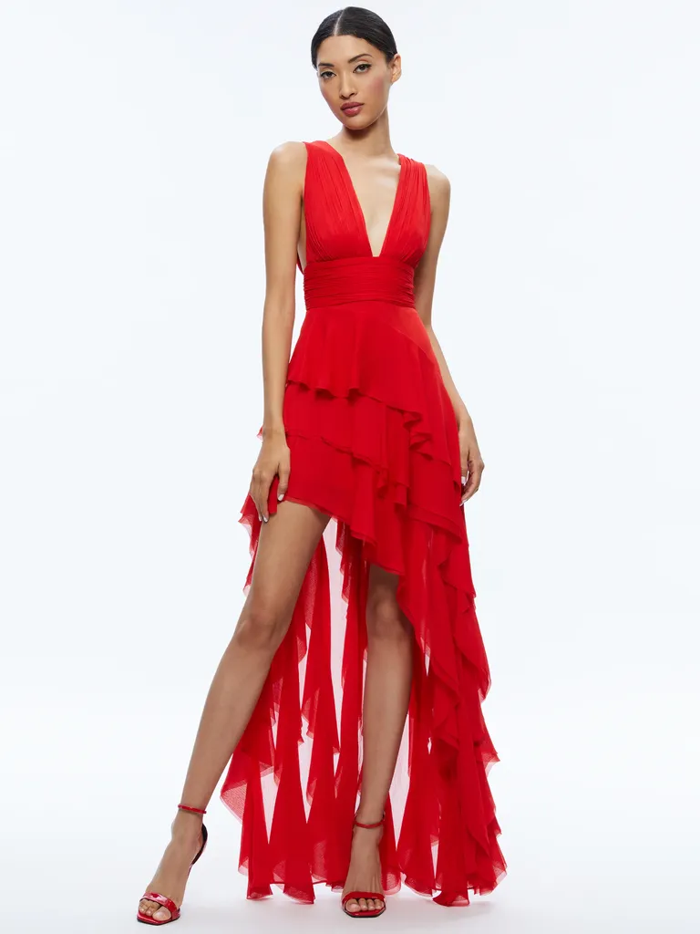Red asymmetric ruffle holiday party dress