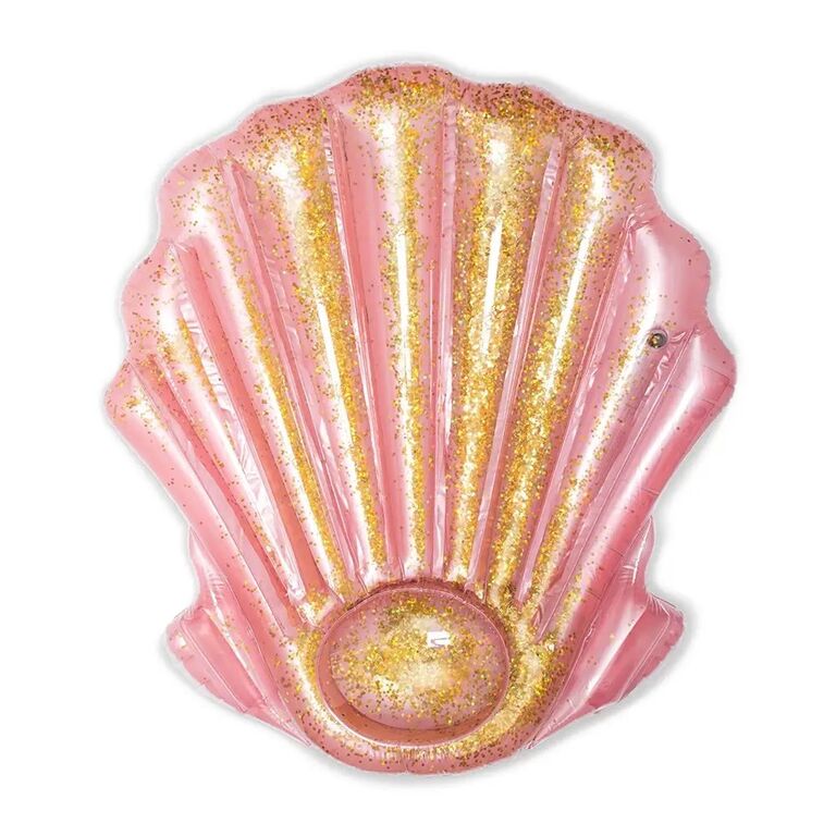 Pink and gold glittery seashell-shaped pool float. 
