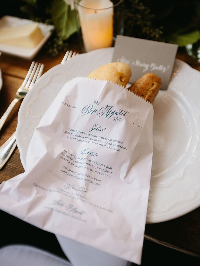 Menu printed on a bread bag idea for a wedding reception. 