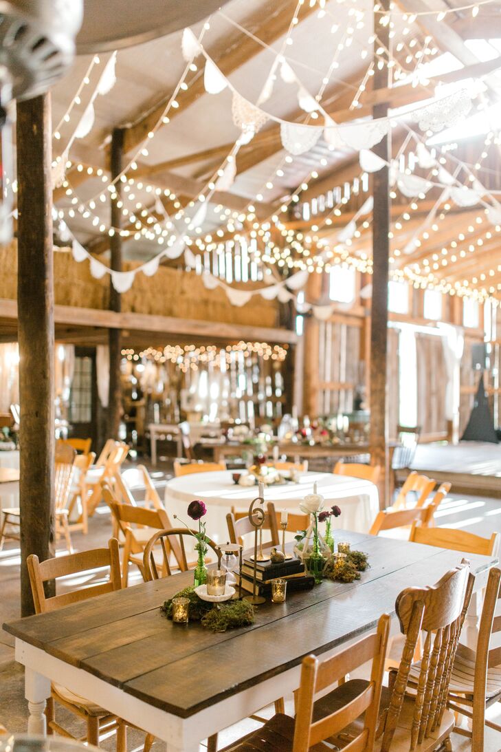 Rustic Reception With Hanging Decorations String Lights And