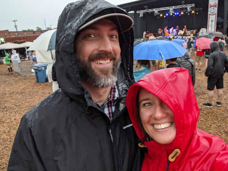 We love concerts, rain or shine! This Bluegrass at the Bottoms festival at Grinders KC in the Crossroads was our first concert together.